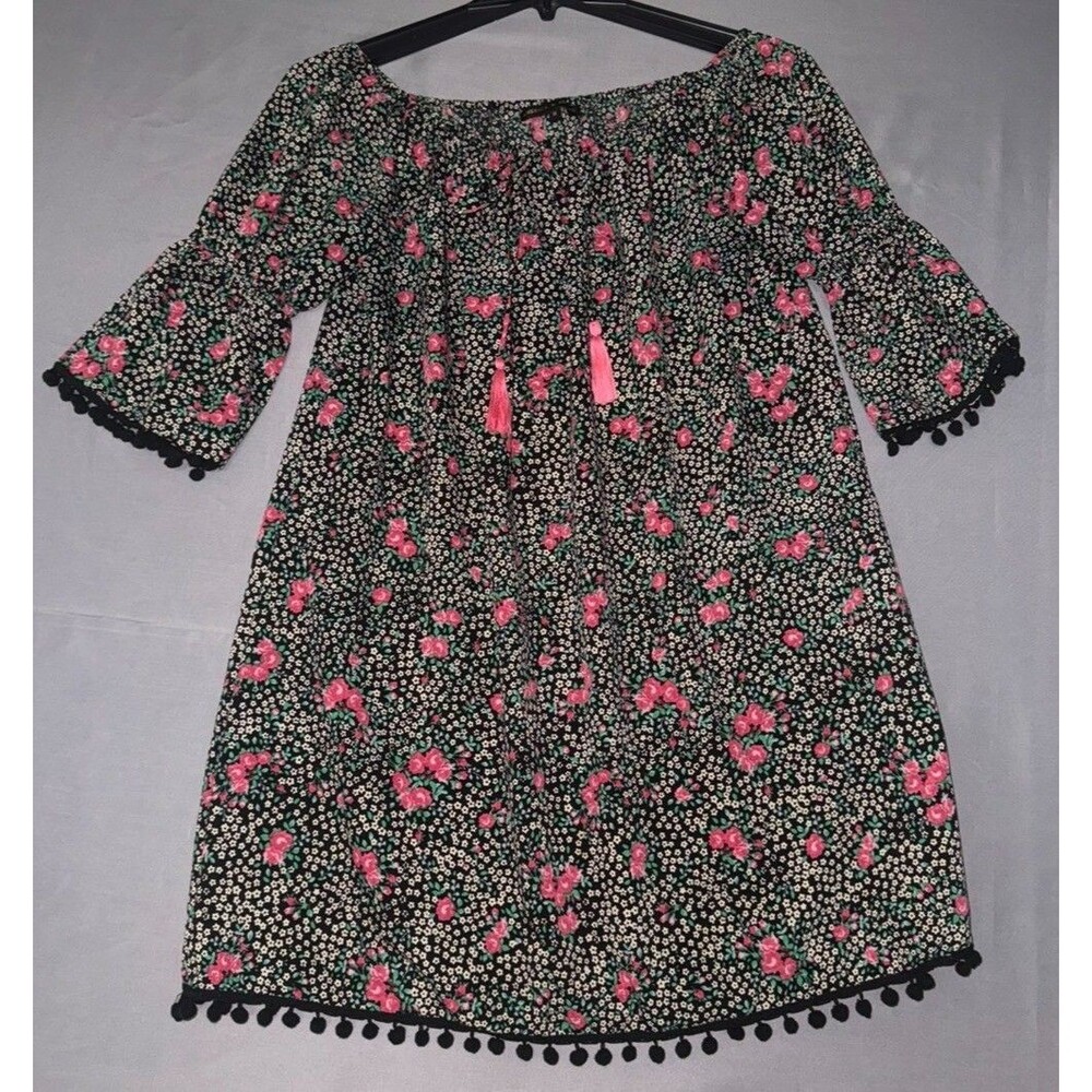America & Beyond Black Floral Boho Tassel Pom Pom Trim Tunic Dress Size Medium